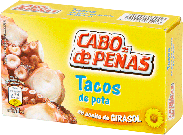 Tintenfisch in Sonnenblumenöl - Tacos de Pota en Aceite Girasol - Cabo de Peñas - Spanien